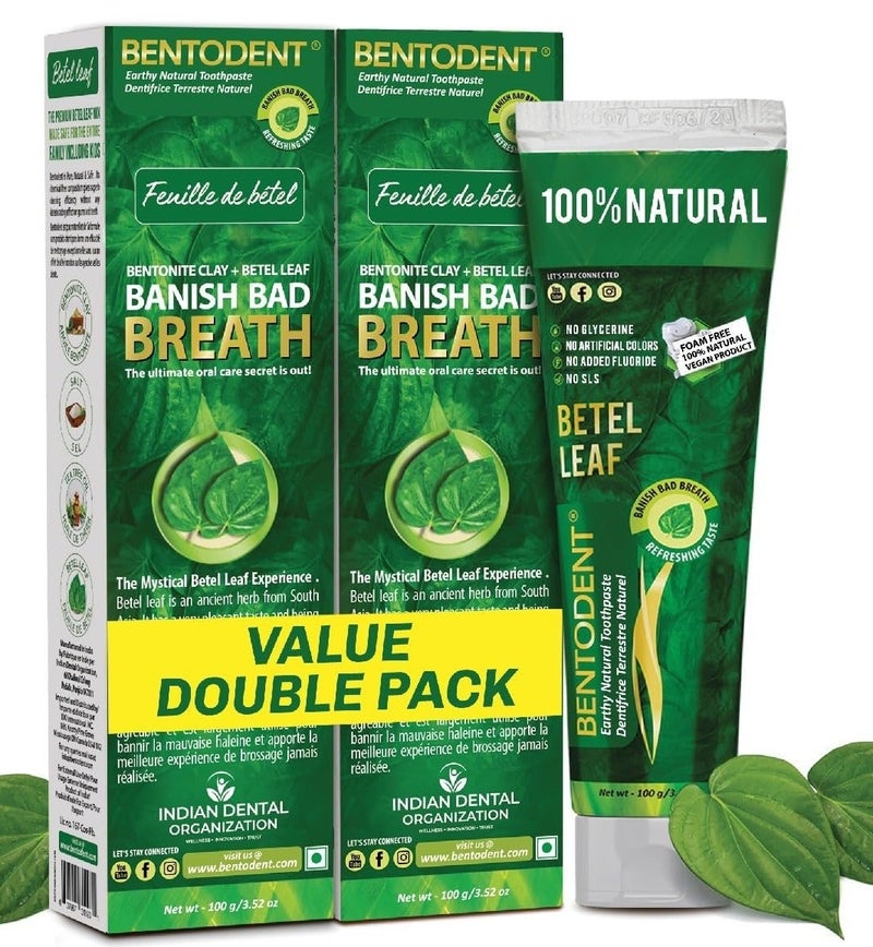 Bentodent Natural Toothpaste Betel Leaf | Fluoride-Free & SLS-Free | Herbal Toothpaste for Fresh Breath | Strong Gums & Enamel Protection | Daily Oral Detox for Family (Betel Leaf Pack of 2, Qty 200g) - Image 1
